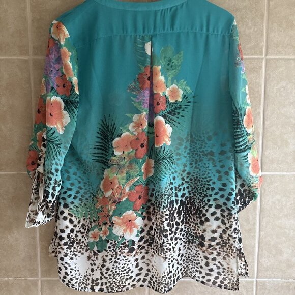 Soft Surroundings Tunic Top Women Small Blue Floral Leopard Print Tropical Sheer - Picture 8 of 10